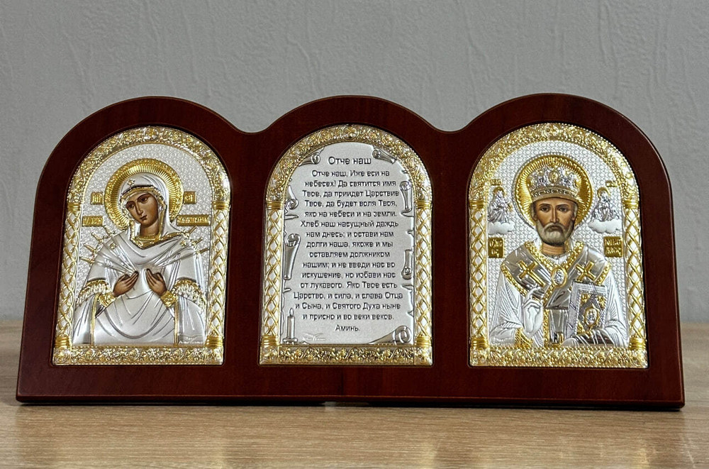 Триптих, Семистрельная БМ, Николай, Молитва, икона, красное дерево 320х160