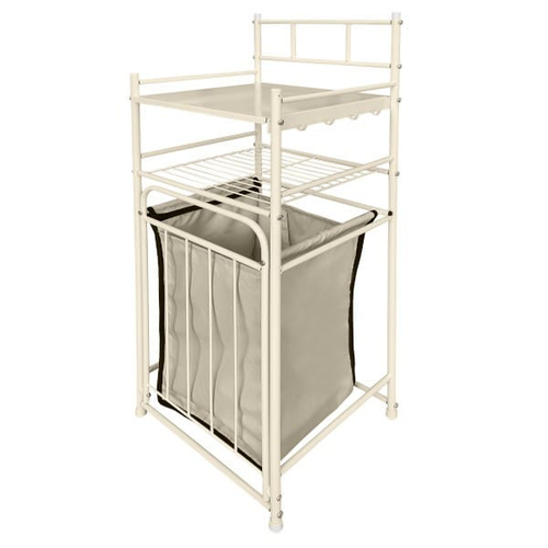 Стеллаж в ванную комнату 2-х ярусный 38х35х105 см с корзиной для белья 45л бежевый