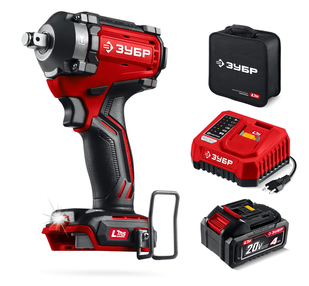 ЗУБР 20 В, 500 Н·м, 1 АКБ LMS (4 А·ч), бесщеточный ударный гайковерт, сумка (ГБУ-500-41)