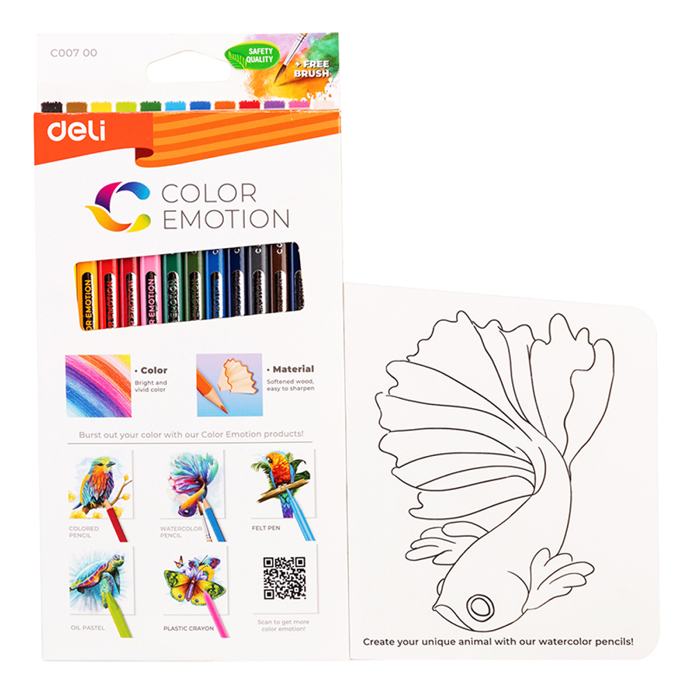 Карандаши акварельные Deli "Color Emotion", 12 цветов, дерево, картон