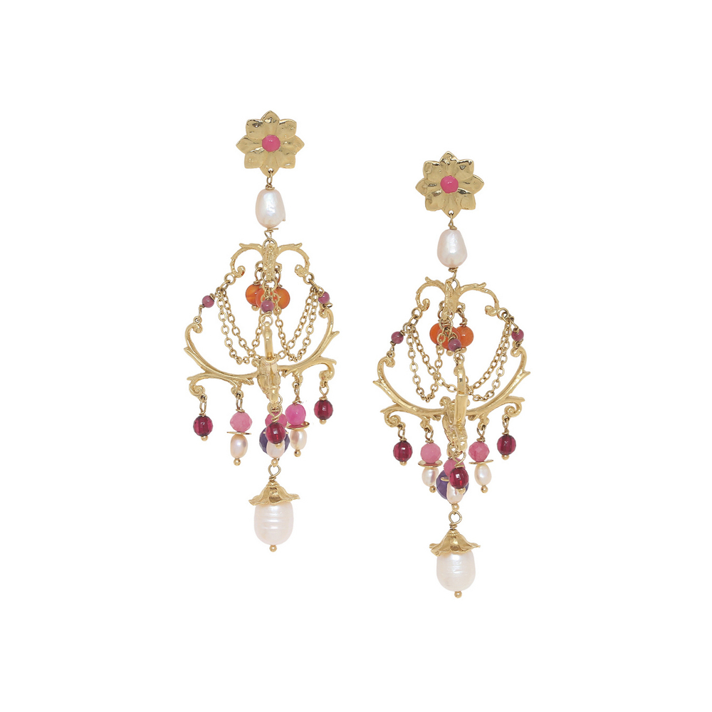 Серьги Franck Herval, Jeanne, с жемчугом, агатом, нефритом, гранатом, аметистом и цветной эмалью, FH