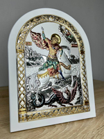 Георгий Победоносец, икона арочная, белое дерево, эмаль 175х225