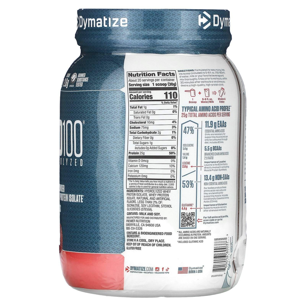 Dymatize, ISO100®, гидролизованный, 100% изолят сывороточного протеина, со вкусом клубники, 610 г (1,34 фунта)