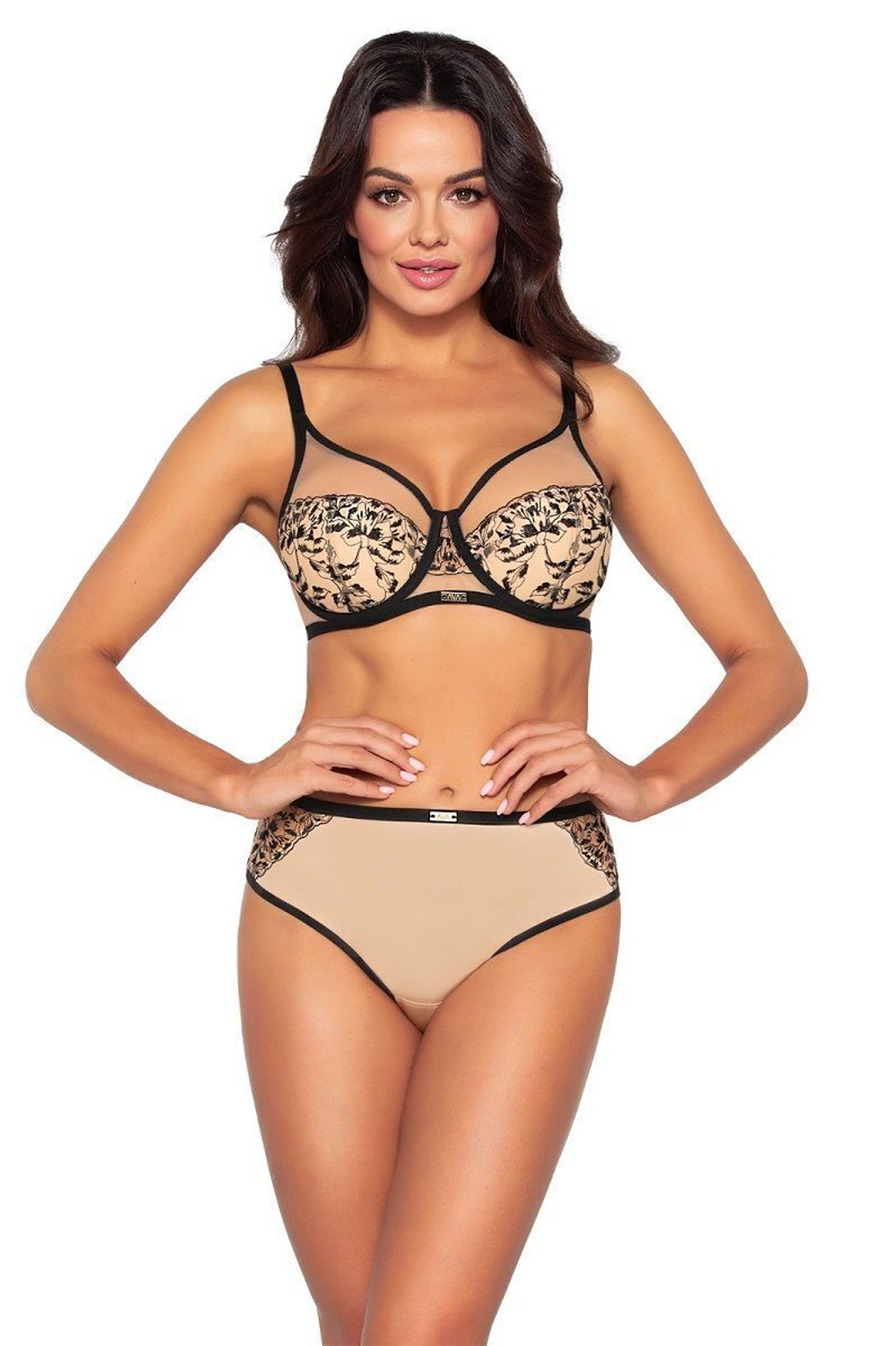 Бюстгальтер с шитыми чашками на косточках и контрастной вышивкой (Размер: 80D) (Цвет: черный с бежевым)