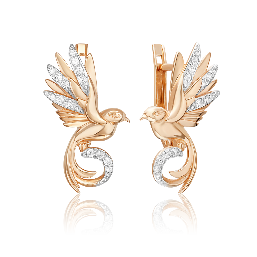 Серьги «Райские птички» с английским замком из красного золота с фианитами