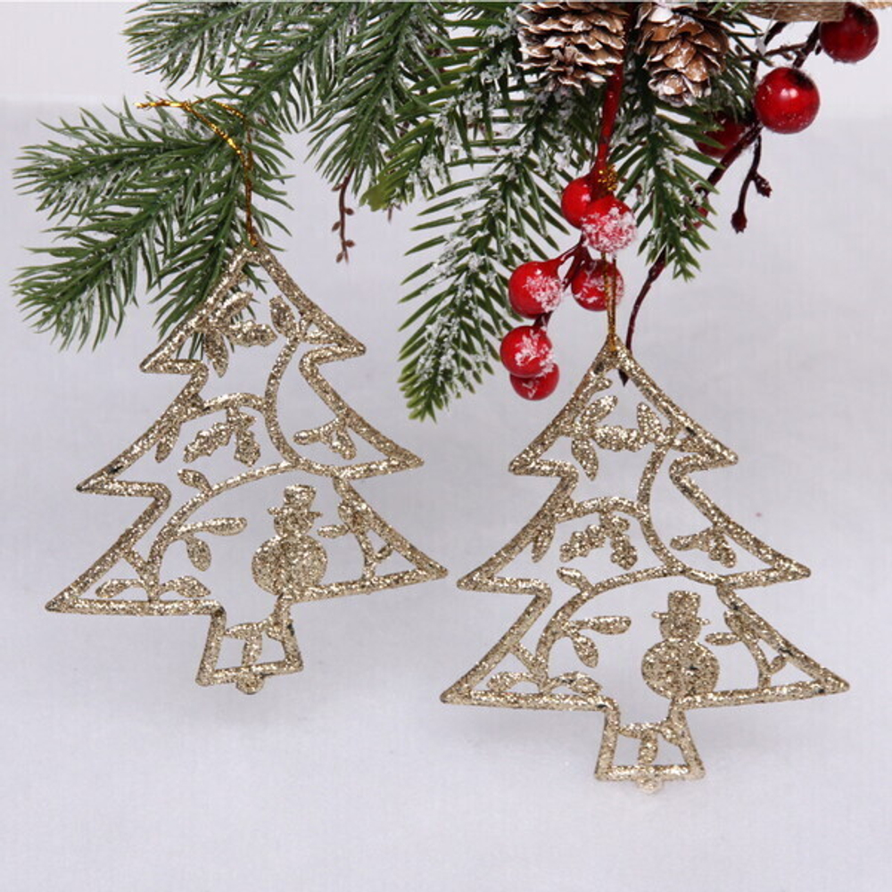 Подвески в блестках «Елочки новогодние» 12 см (набор 2шт), шампань