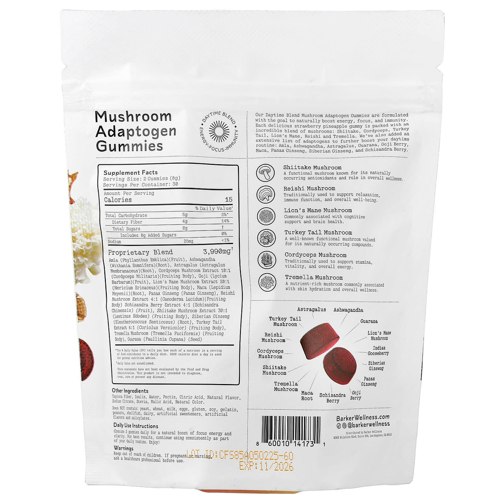 Barker Wellness Co, Daytime Blend, смесь грибов и адаптогенов в жевательных таблетках, со вкусом клубники и ананаса, 60 жевательных таблеток