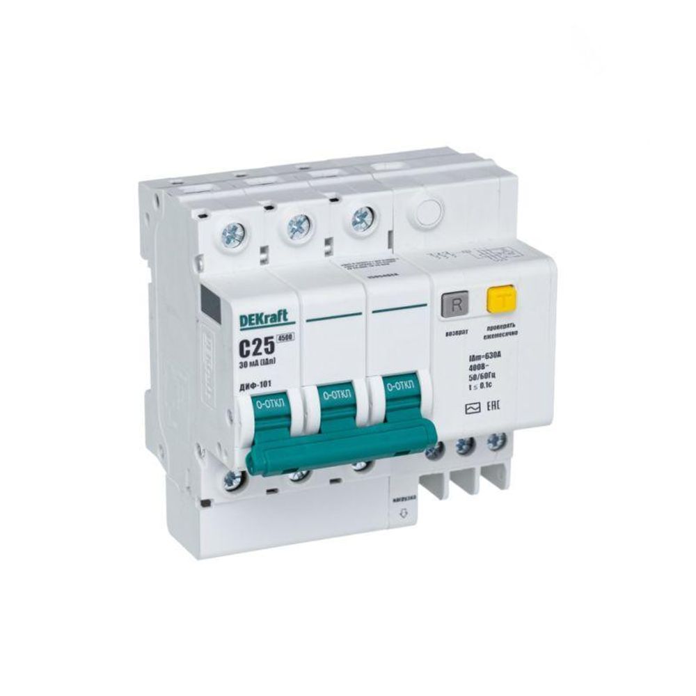 Выключатель автоматический дифференциального тока 3п C 20А 30мА тип AC ДИФ-101 со встроен. защитой от сверхтоков DEKraft 15053DEK Выключатель автоматический дифференциального тока 3п C 20А 30мА тип AC ДИФ-101 со встроен. защитой от сверхтоков DEKraft 15053DEK