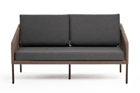 "Канны" диван 2-местный плетеный из роупа, каркас алюминий коричневый (RAL8016) муар, роуп коричневый круглый, ткань темно-серая 027