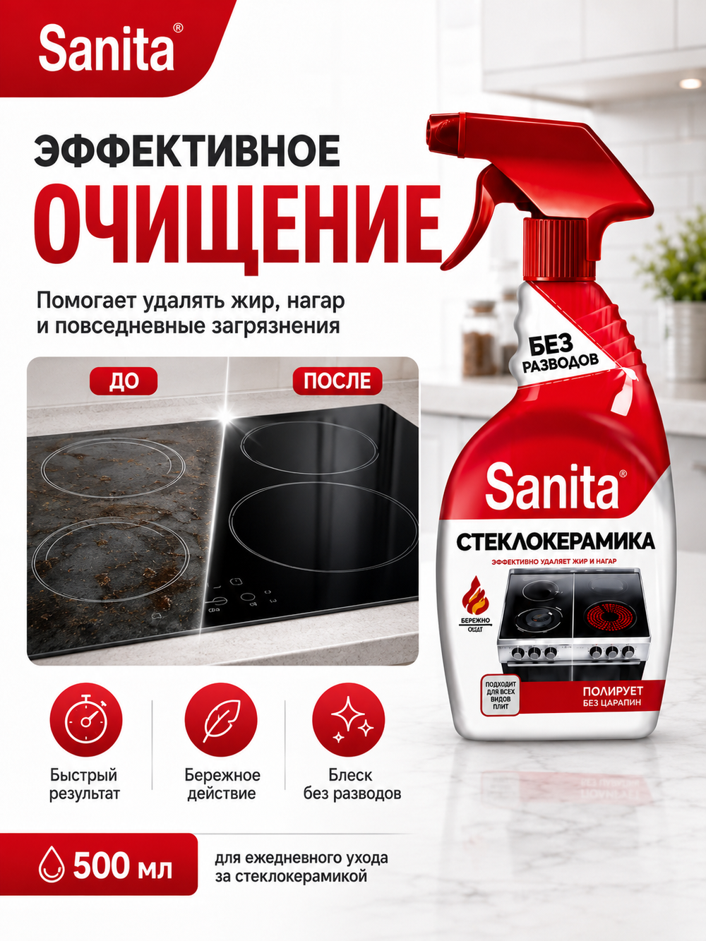 Чистящее средство для стеклокерамики Sanita Антижир 500мл
