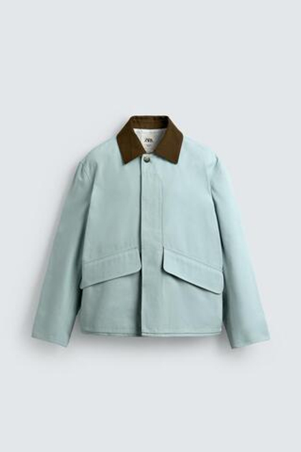 ZARA КУРТКА С КОНТРАСТНЫМ ВОРОТНИКОМ, ГОЛУБОЙ