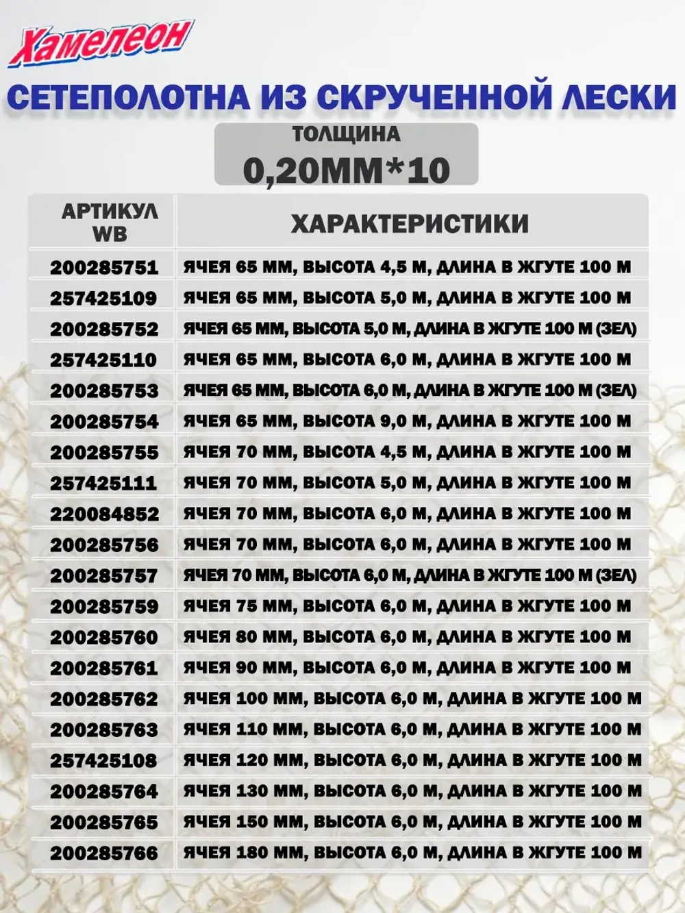 Сетеполотно скр.леска 0,20мм*3, яч. 60мм, высота 6,0м кукла