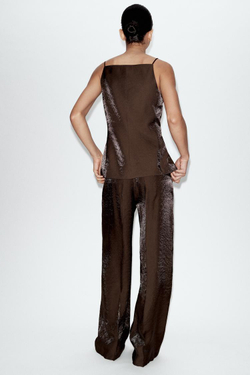 ZARA БРЮКИ ПРЯМОГО КРОЯ С БЛЕСКОМ, КОРИЧНЕВЫЙ