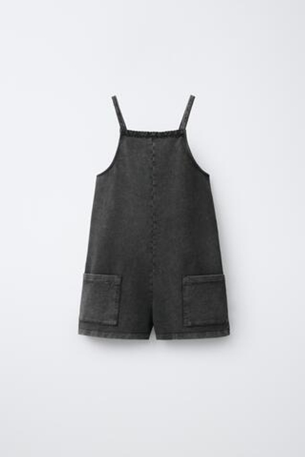 ZARA КОРОТКИЙ КОМБИНЕЗОН С КРУЖЕВОМ И ЭФФЕКТОМ ПОТЕРТОСТИ, АНТРАЦИТОВО-СЕРЫЙ