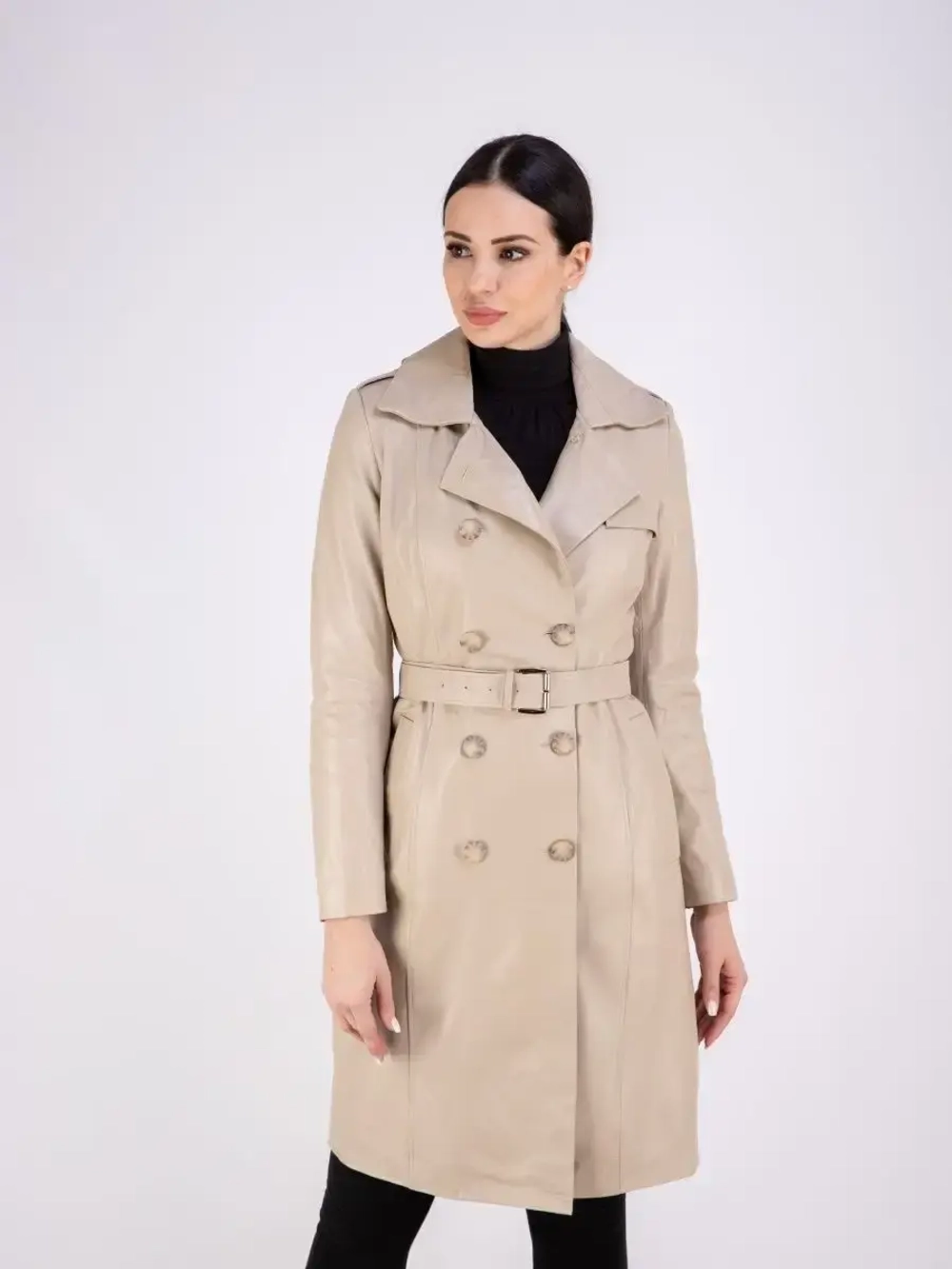 Тренч длинный кожаный с поясом плащ на весну