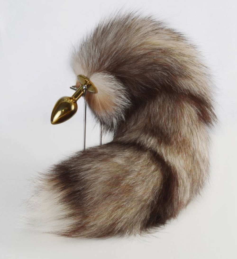 Золотистая анальная пробка с бежево-коричневым хвостом (Цвет: золотистый)