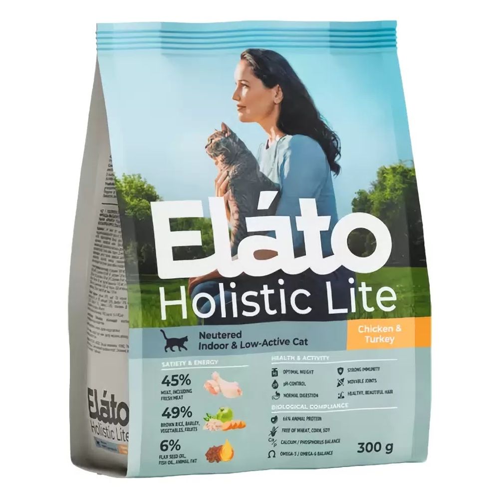 Сухой корм Elato Holistic Lite для кастрированных и стерилизованных кошек с курицей и индейкой - 0,3 кг
