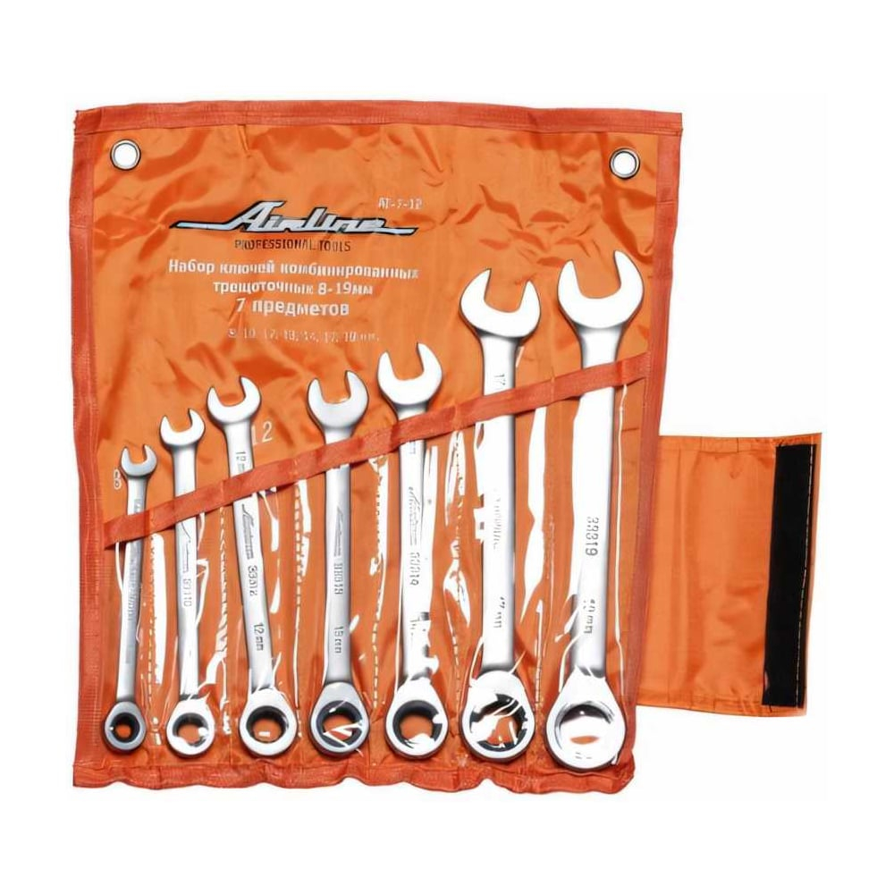 Набор ключей комбинированных рожковых/с трещоткой PRO 8, 10, 12, 13, 14, 17, 19 мм в сумке AIRLINE AT-7-12