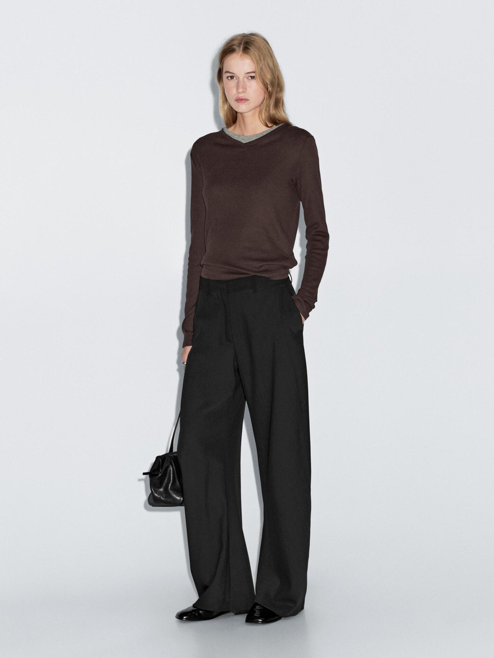 Massimo Dutti Футболка из смесового хлопка с двойным воротником, коричневый