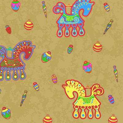 Лошадки и игрушки в народном стиле. Крупный рисунок.