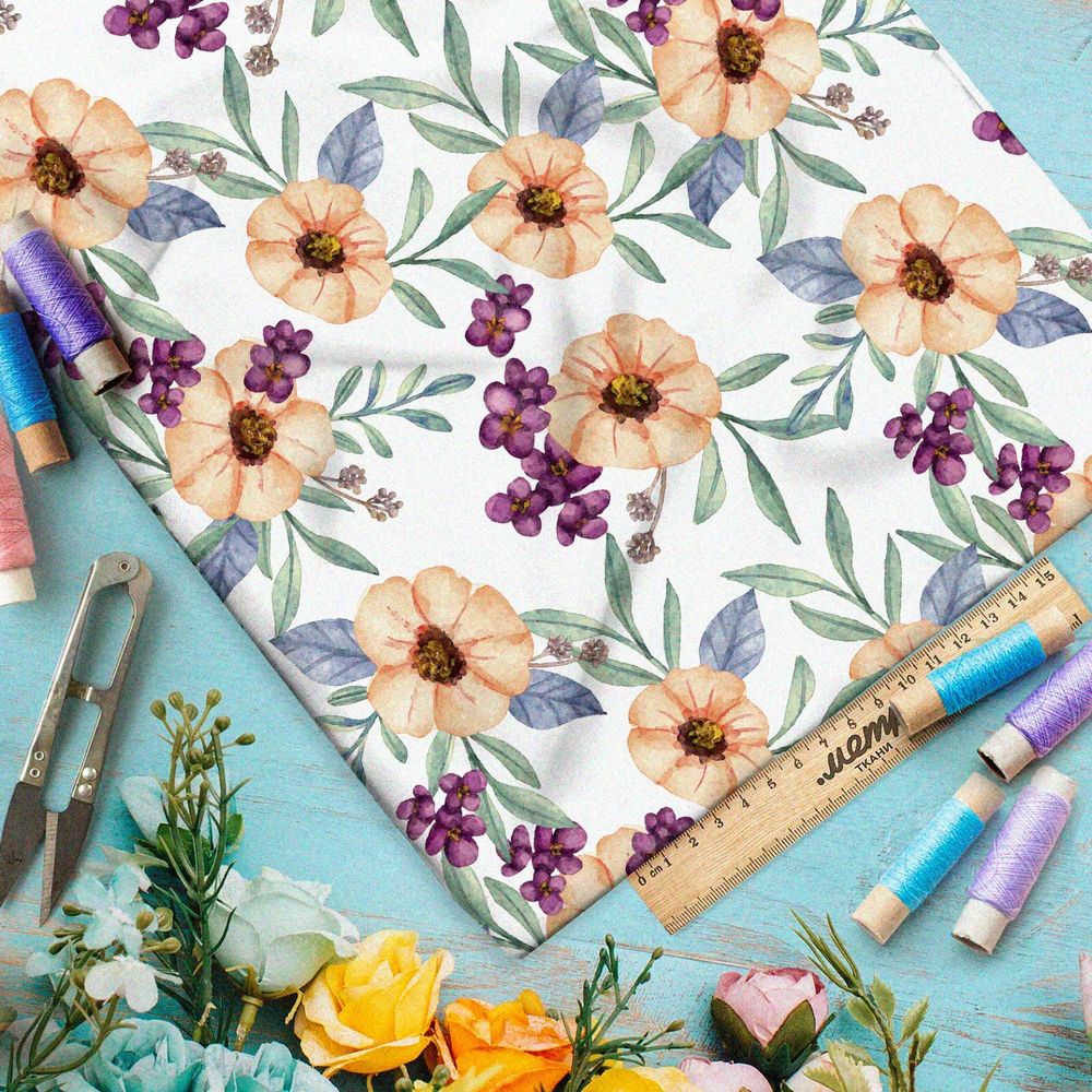 Ткань шелк Армани мягкие цветы на белом фоне