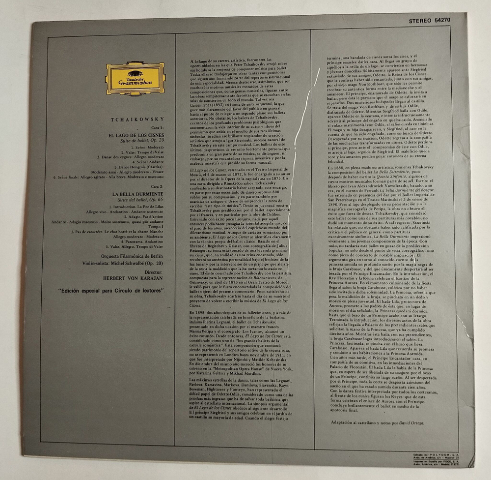 Винтажная виниловая пластинка LP П.И. Чайковский, Лебединое Озеро Спящая Красавица, Дирижер Караян (Испания 1974)