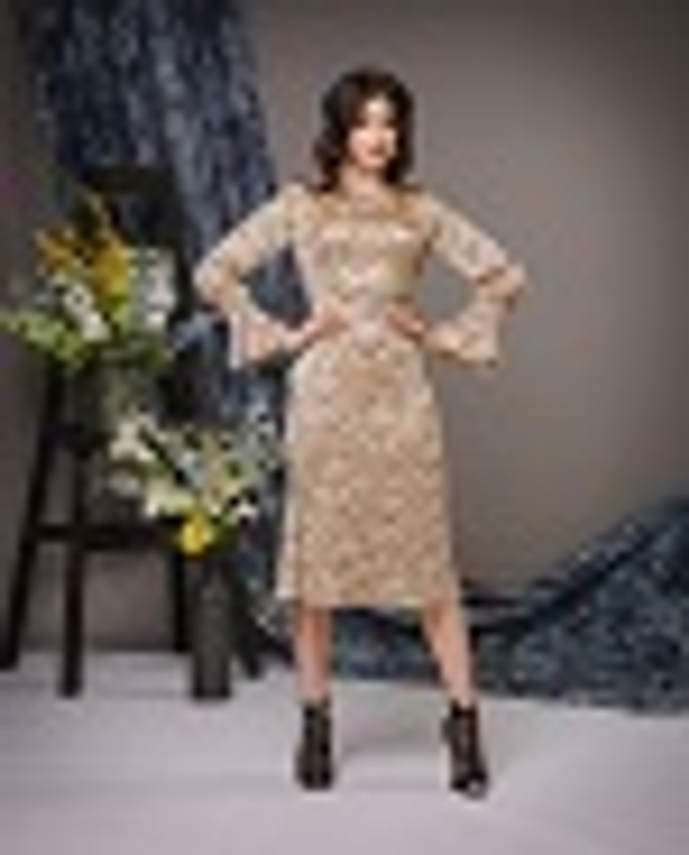 04-02-22 SS Платье шёлковое, юбка-годе, бежевый с черным рисунком S