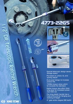 KING TONY (4773-22GS) Трещотка 1/2", 550 мм, 90 зубцов, флажковая, фиксатор, телескопическая