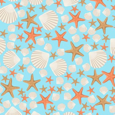 Ракушки и морские звезды на голубом