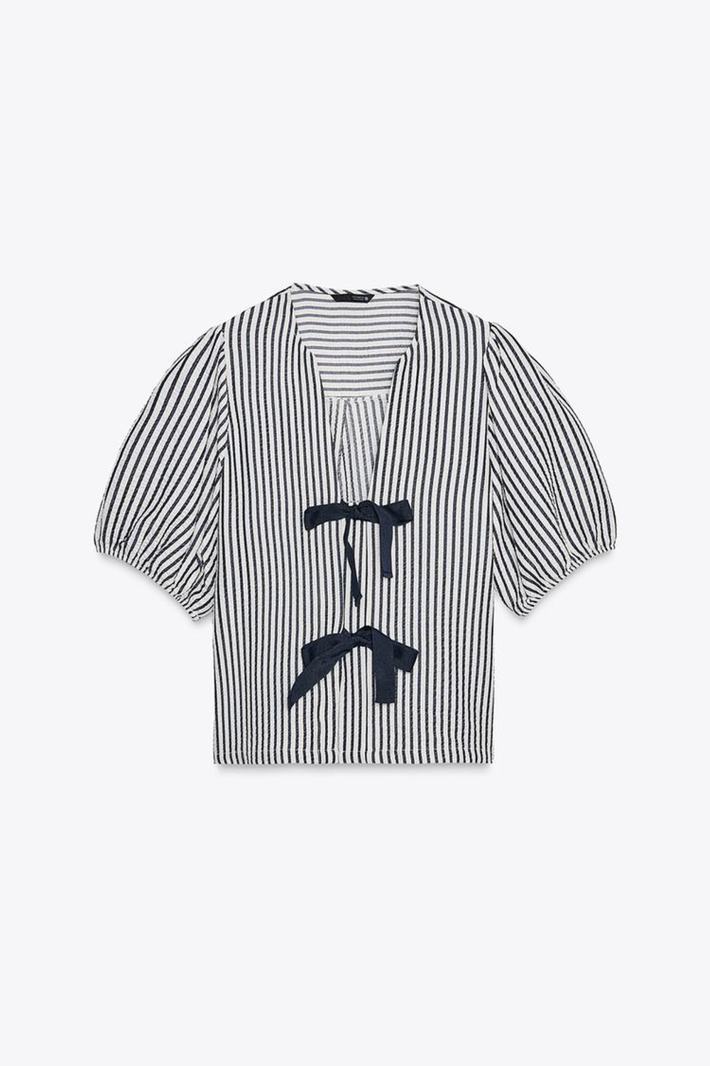 ZARA БЛУЗА ЛЬНЯНАЯ С ЗАВЯЗКАМИ, ЭКРЮ/ТЕМНО-СИНИЙ