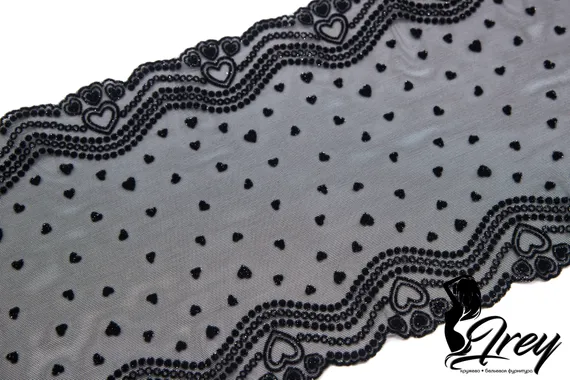 0134 БРАК  Кружево эластичное 19 см, Италия, "сердечки", черный 170