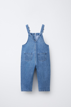 ZARA ДЛИННЫЙ ДЖИНСОВЫЙ КОМБИНЕЗОН С ВЫШИВКОЙ, ВЫЦВЕТШИЙ СИНИЙ