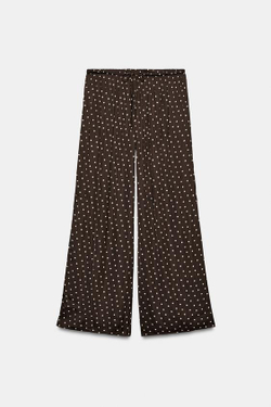 ZARA СВОБОДНЫЕ БРЮКИ ПАЛАЦЦО В ГОРОШЕК, КОРИЧНЕВЫЙ/ЭКРЮ