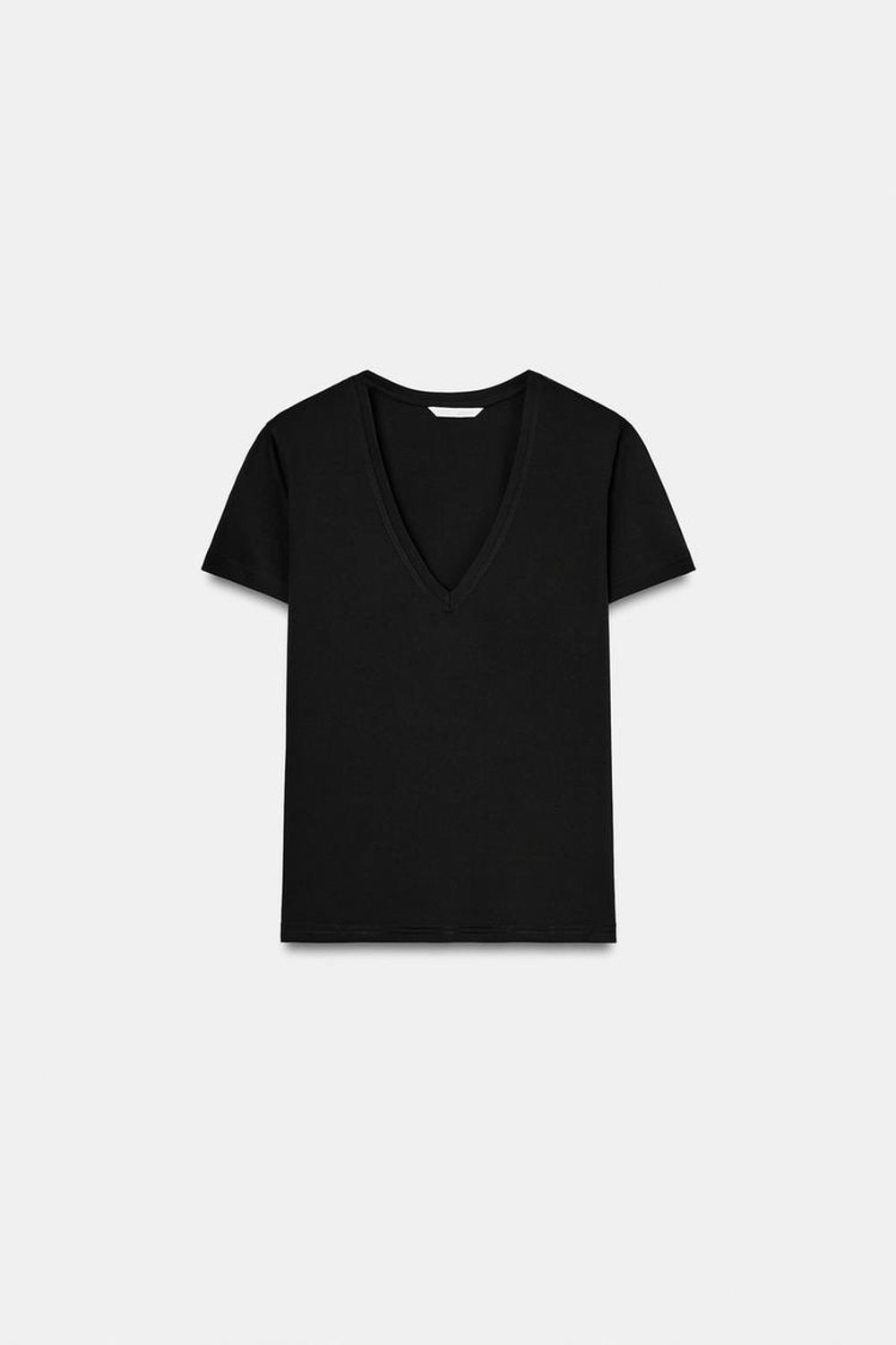 ZARA ФУТБОЛКА INTERLOCK С V-ОБРАЗНЫМ ВЫРЕЗОМ, ЧЕРНЫЙ