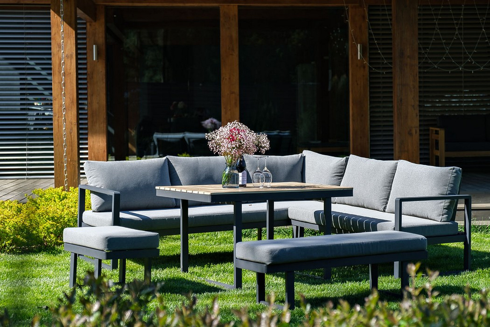 Набор для лаунж зоны из алюминия Joygarden TOPA с обеденным столом, темный графит, серый антрацит