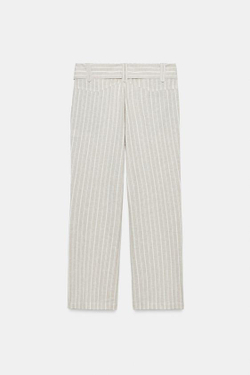 ZARA БРЮКИ ИЗ ЛЬНА В ПОЛОСКУ С ПОЯСОМ, РЫЖЕВАТО-КОРИЧНЕВЫЙ