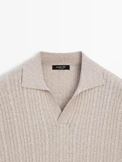 Massimo Dutti Вязаная рубашка-поло с короткими рукавами и узором «косичка», норка