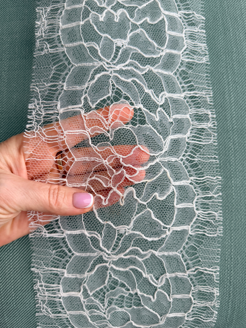 Кружево тонкое на сетке ширина 15см цвет молочно-белый Италия 1 м