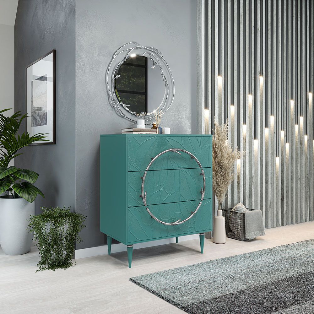 Комод Арт Колор leaves Классик Сильвер с 3 ящиками Пастельно-синий