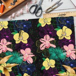 Ткань габардин нежно жёлтые и розовые орхидеи