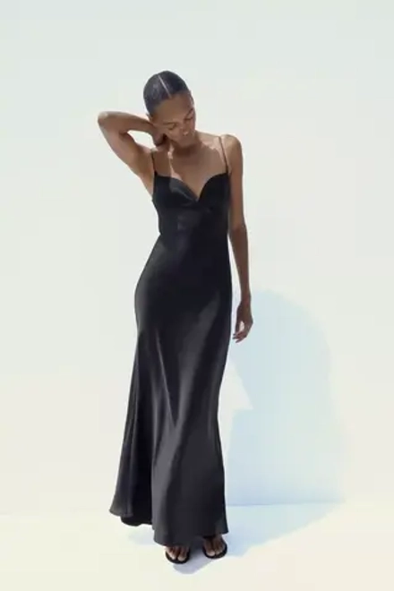 ZARA ДЛИННОЕ ПЛАТЬЕ ИЗ САТИНА, ЧЕРНЫЙ