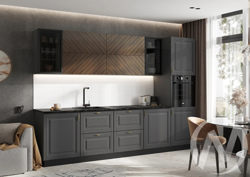 Кухня Престиж 3;0м Компоновка №1 (графит/графит софт NEW; прайм орех/кастилло темный)