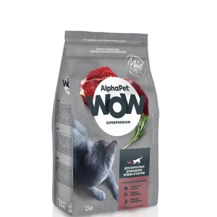 Корм сухой для взрослых кошек Alphapet Wow SUPERPREMIUM c говядиной и печенью, 1.5кг
