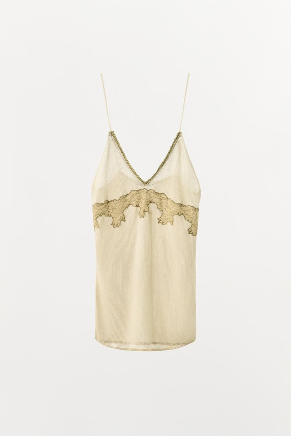 ZARA ТРИКОТАЖНЫЙ ТОП С КРУЖЕВОМ, ЗОЛОТИСТЫЙ