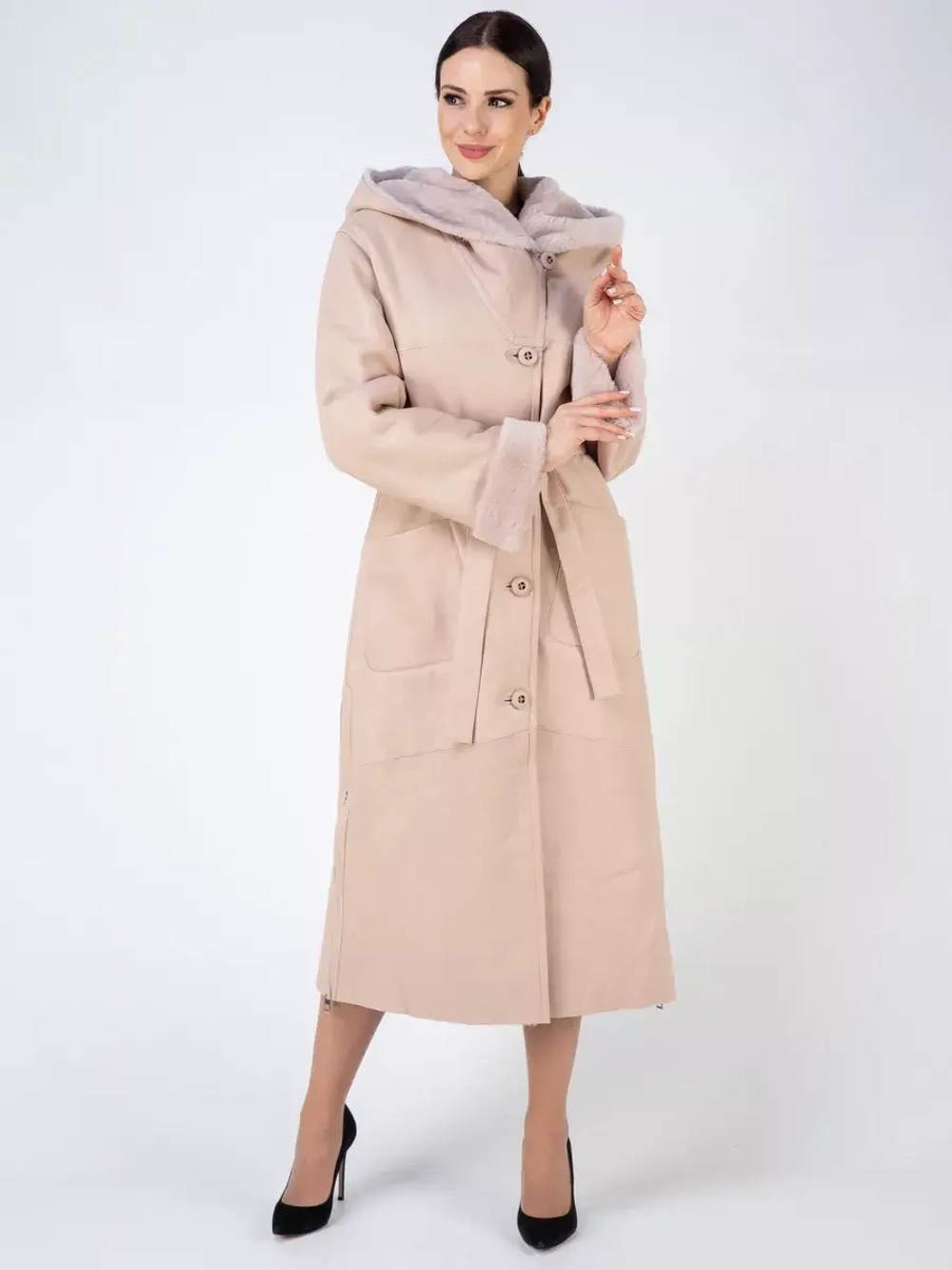 Дубленка зима натуральная с капюшоном длинная