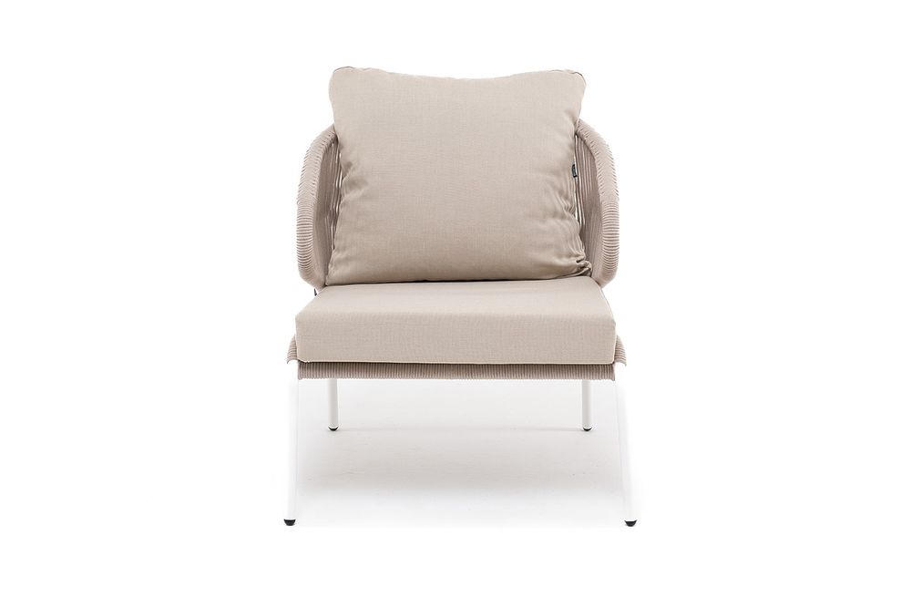 "Милан" кресло плетеное из роупа, каркас алюминий белый шагрень, роуп бежевый круглый, ткань бежевая