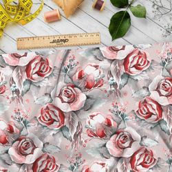 Ткань габардин акварельные розы на сером