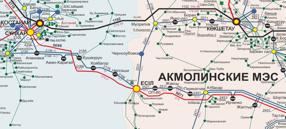 «Карта-схема Электрических сетей 1150-500-220-110кВ ЕЭС Республики Казахстан» 2025 г. (150 х 230 см)