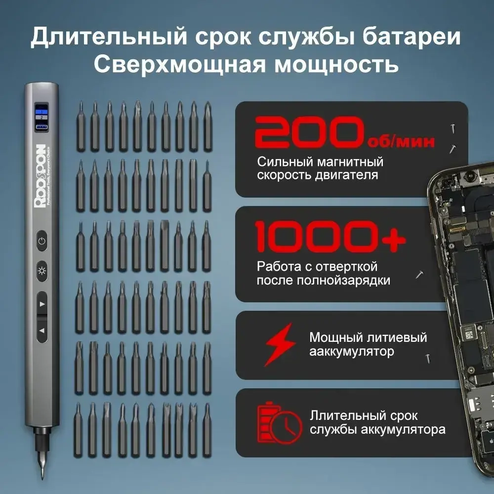 Электрическая отвертка RDDSPON Precision Screwdriver Kit 62 в 1 с набором бит для точных работ ( с подсветкой , магнитная)