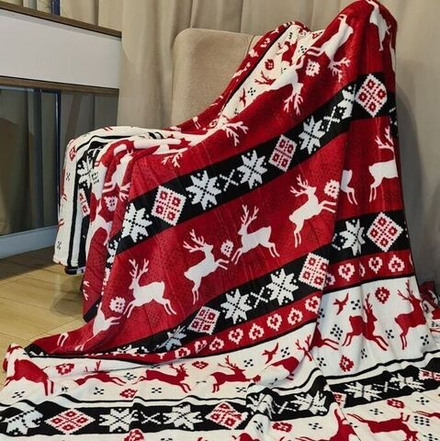 Плед велсофт PRIVAL, красный скандинавский узор(Олени на красном фоне) 180 см х200 см